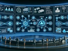 Digitaler Marketing-Kontrollraum im Cockpit-Stil mit azurblauen Hologramm-Dashboards, Azure OpenAI-Architektur, GDPR/ISO 27001, RBAC sowie RAG- und A/B-Workflows; Datenflüsse zu CRM, CDP und Ad-Managern.