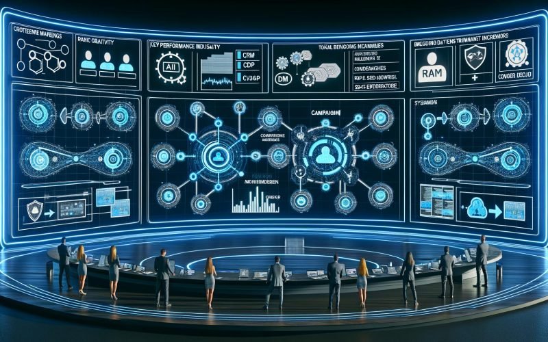Digitaler Marketing-Kontrollraum im Cockpit-Stil mit azurblauen Hologramm-Dashboards, Azure OpenAI-Architektur, GDPR/ISO 27001, RBAC sowie RAG- und A/B-Workflows; Datenflüsse zu CRM, CDP und Ad-Managern.