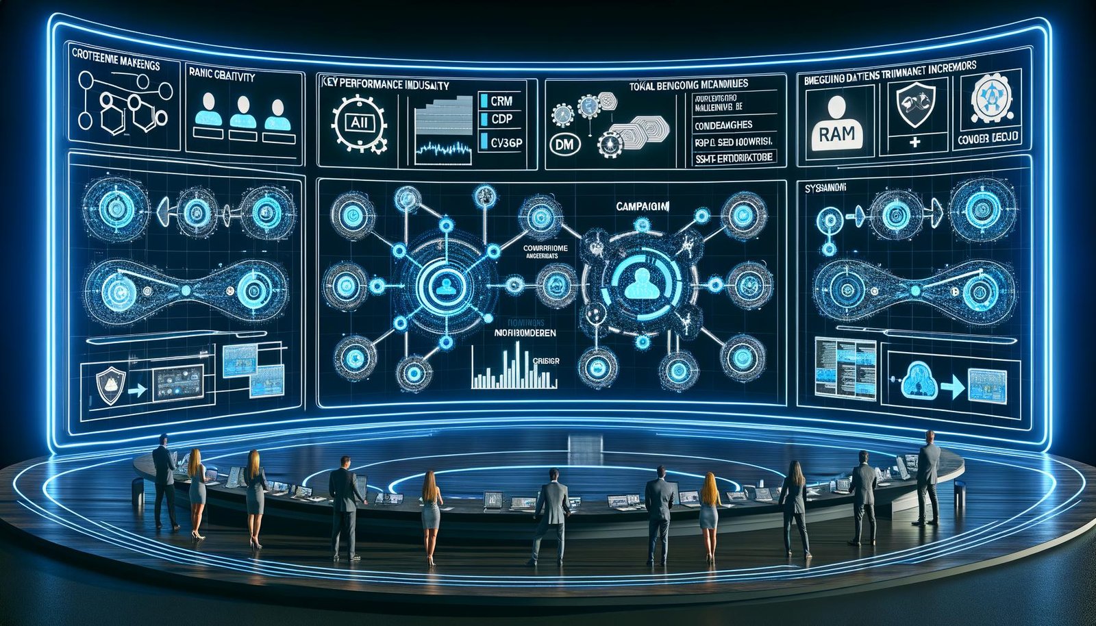 Digitaler Marketing-Kontrollraum im Cockpit-Stil mit azurblauen Hologramm-Dashboards, Azure OpenAI-Architektur, GDPR/ISO 27001, RBAC sowie RAG- und A/B-Workflows; Datenflüsse zu CRM, CDP und Ad-Managern.