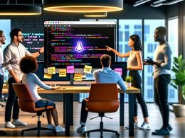 Helles Workspace mit großem Monitor: JetBrains IDE (IntelliJ/PyCharm) im Split‑Screen mit JetBrains AI Assistant; AI‑generierte Codevorschläge, Doku‑Drafts und SEO‑Snippets sichtbar; Entwickler:innen und eine Marketing‑Person diskutieren; Sticky Notes „SEO“, „Docs‑as‑Code“, „PR Review“.