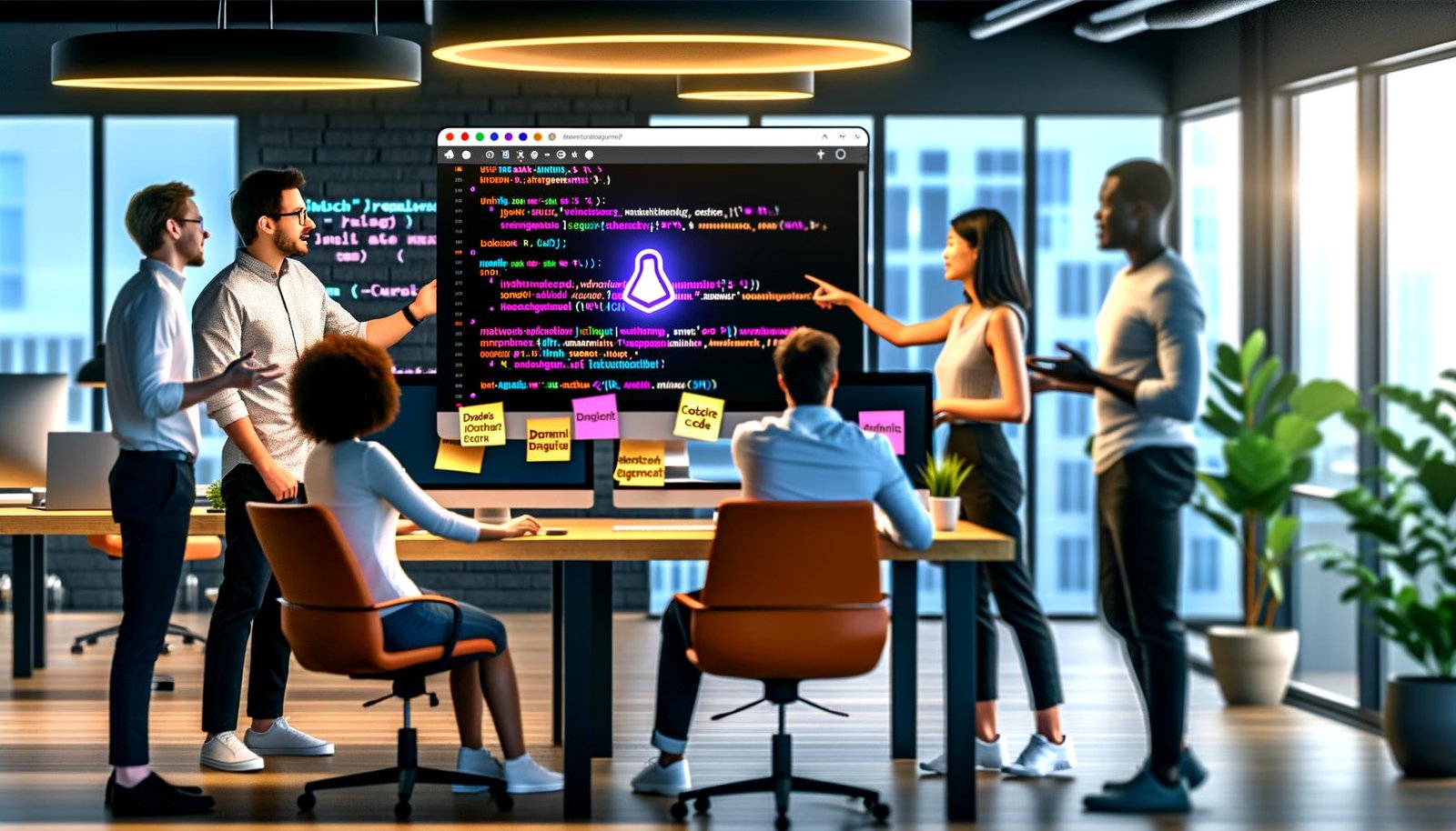 Helles Workspace mit großem Monitor: JetBrains IDE (IntelliJ/PyCharm) im Split‑Screen mit JetBrains AI Assistant; AI‑generierte Codevorschläge, Doku‑Drafts und SEO‑Snippets sichtbar; Entwickler:innen und eine Marketing‑Person diskutieren; Sticky Notes „SEO“, „Docs‑as‑Code“, „PR Review“.