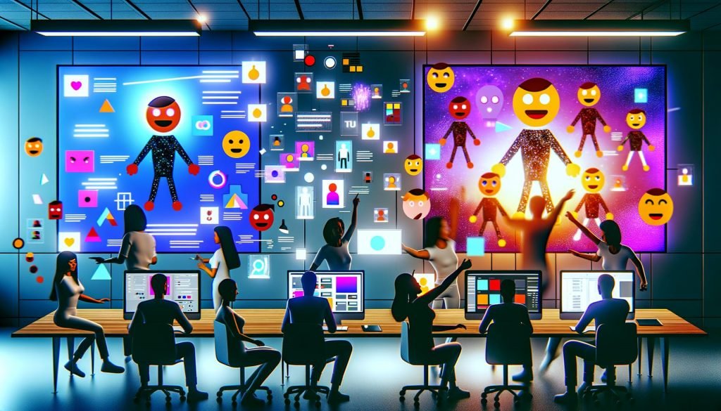 Futuristischer Workspace: Team arbeitet an High-Tech-Screens mit KI-Cartoons und Vektorillustrationen; UI-Elemente, SVGs und Lottie-Dateien.