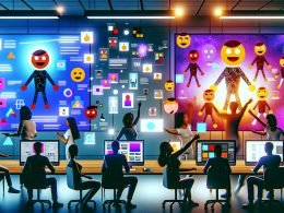 Futuristischer Workspace: Team arbeitet an High-Tech-Screens mit KI-Cartoons und Vektorillustrationen; UI-Elemente, SVGs und Lottie-Dateien.