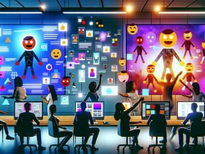 Futuristischer Workspace: Team arbeitet an High-Tech-Screens mit KI-Cartoons und Vektorillustrationen; UI-Elemente, SVGs und Lottie-Dateien.
