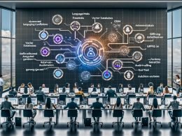 Modernes Büro mit zentralem Echtzeit-Dashboard zu KI-Workflows (LLM-Stacks, Vektordatenbanken, RAG, Tool-Calling); Teams arbeiten an Laptops und Touchscreens. Chatbot mit rollenbasiertem Zugriff, Salesforce- und HubSpot-Integration, DSGVO-Schilde, Einwilligungsbanner, Audit-Trail-Icons; gebrandete Assets, dynamische Templates und KPI-Grafiken.
