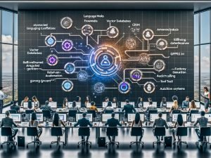 Modernes Büro mit zentralem Echtzeit-Dashboard zu KI-Workflows (LLM-Stacks, Vektordatenbanken, RAG, Tool-Calling); Teams arbeiten an Laptops und Touchscreens. Chatbot mit rollenbasiertem Zugriff, Salesforce- und HubSpot-Integration, DSGVO-Schilde, Einwilligungsbanner, Audit-Trail-Icons; gebrandete Assets, dynamische Templates und KPI-Grafiken.