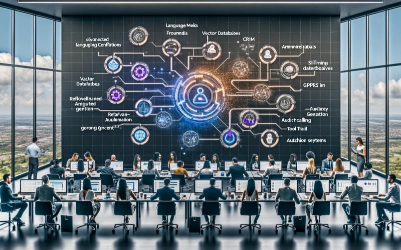 Modernes Büro mit zentralem Echtzeit-Dashboard zu KI-Workflows (LLM-Stacks, Vektordatenbanken, RAG, Tool-Calling); Teams arbeiten an Laptops und Touchscreens. Chatbot mit rollenbasiertem Zugriff, Salesforce- und HubSpot-Integration, DSGVO-Schilde, Einwilligungsbanner, Audit-Trail-Icons; gebrandete Assets, dynamische Templates und KPI-Grafiken.