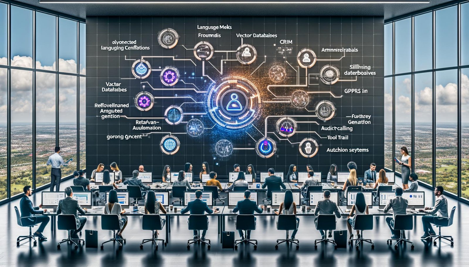 Modernes Büro mit zentralem Echtzeit-Dashboard zu KI-Workflows (LLM-Stacks, Vektordatenbanken, RAG, Tool-Calling); Teams arbeiten an Laptops und Touchscreens. Chatbot mit rollenbasiertem Zugriff, Salesforce- und HubSpot-Integration, DSGVO-Schilde, Einwilligungsbanner, Audit-Trail-Icons; gebrandete Assets, dynamische Templates und KPI-Grafiken.