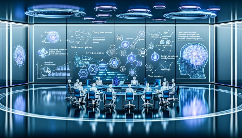 Futuristischer blau-silberner Arbeitsraum mit KI-Hologramm, das mit Expert:innen an einem Glastisch voller Studien, Diagramme und leuchtender Interfaces zu Wissensgraphen und Vektor-Suche arbeitet; im Hintergrund transparente Displays mit dynamischen Pipelines, Echtzeit-Evaluationsmetriken und Quellenverweisen.