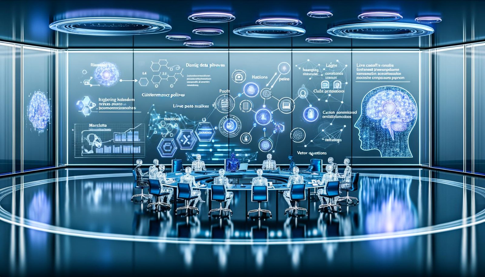 Futuristischer blau-silberner Arbeitsraum mit KI-Hologramm, das mit Expert:innen an einem Glastisch voller Studien, Diagramme und leuchtender Interfaces zu Wissensgraphen und Vektor-Suche arbeitet; im Hintergrund transparente Displays mit dynamischen Pipelines, Echtzeit-Evaluationsmetriken und Quellenverweisen.