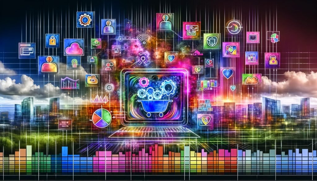 Futuristische Illustration einer lebendigen Marketing-Landschaft als digitale Stadt: zentrales Browserfenster mit fließenden Datenströmen, neuronalen Netzwerken und Vektorknoten; umliegende Edge-Server, CDPs, Chatbots, Analytics-Icons und Latenzvisualisierungen; Werbebanner, personalisierte Produktkarten, EU-Compliance- und Datenschutzsymbole sowie Dashboards mit klaren KPI-Linien; im Vordergrund Marketing-Profis mit Laptops zwischen Codezeilen und Prompt-Fenstern, flankiert von Guardrail-Icons.