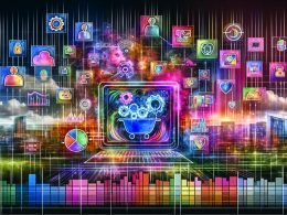 Futuristische Illustration einer lebendigen Marketing-Landschaft als digitale Stadt: zentrales Browserfenster mit fließenden Datenströmen, neuronalen Netzwerken und Vektorknoten; umliegende Edge-Server, CDPs, Chatbots, Analytics-Icons und Latenzvisualisierungen; Werbebanner, personalisierte Produktkarten, EU-Compliance- und Datenschutzsymbole sowie Dashboards mit klaren KPI-Linien; im Vordergrund Marketing-Profis mit Laptops zwischen Codezeilen und Prompt-Fenstern, flankiert von Guardrail-Icons.