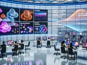 Futuristisches digitales Studio mit transparenten Bildschirmen, die KI‑Bilder, Datenströme und ein Diffusionsmodell zeigen, das Rauschen in fotorealistische Motive verwandelt; diverses Team arbeitet vor Metrik‑Dashboards; holografische Pipeline verbindet Prompts, ControlNet‑Flows, Cloud‑GPUs und Produktbilder; geordnete Assets mit Metadaten, Alt‑Texten und Rechtschecklisten.