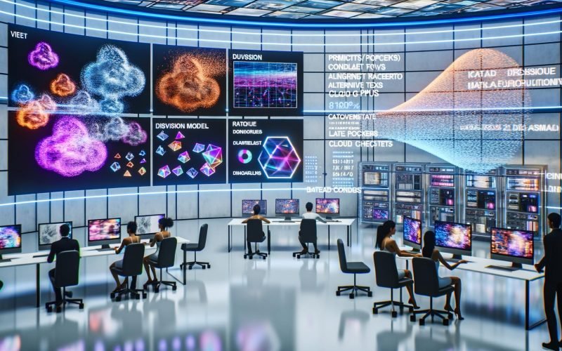 Futuristisches digitales Studio mit transparenten Bildschirmen, die KI‑Bilder, Datenströme und ein Diffusionsmodell zeigen, das Rauschen in fotorealistische Motive verwandelt; diverses Team arbeitet vor Metrik‑Dashboards; holografische Pipeline verbindet Prompts, ControlNet‑Flows, Cloud‑GPUs und Produktbilder; geordnete Assets mit Metadaten, Alt‑Texten und Rechtschecklisten.