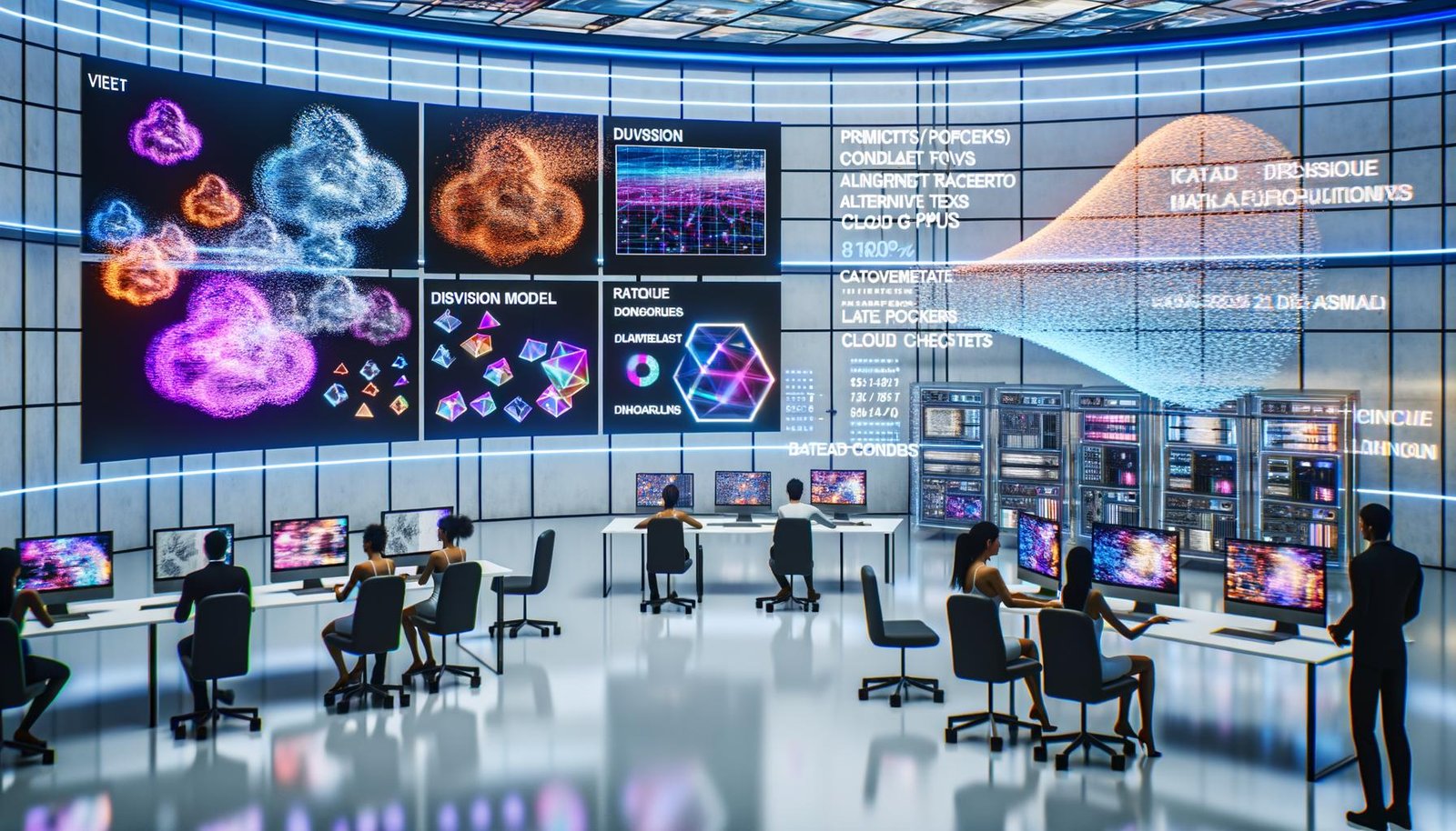 Futuristisches digitales Studio mit transparenten Bildschirmen, die KI‑Bilder, Datenströme und ein Diffusionsmodell zeigen, das Rauschen in fotorealistische Motive verwandelt; diverses Team arbeitet vor Metrik‑Dashboards; holografische Pipeline verbindet Prompts, ControlNet‑Flows, Cloud‑GPUs und Produktbilder; geordnete Assets mit Metadaten, Alt‑Texten und Rechtschecklisten.