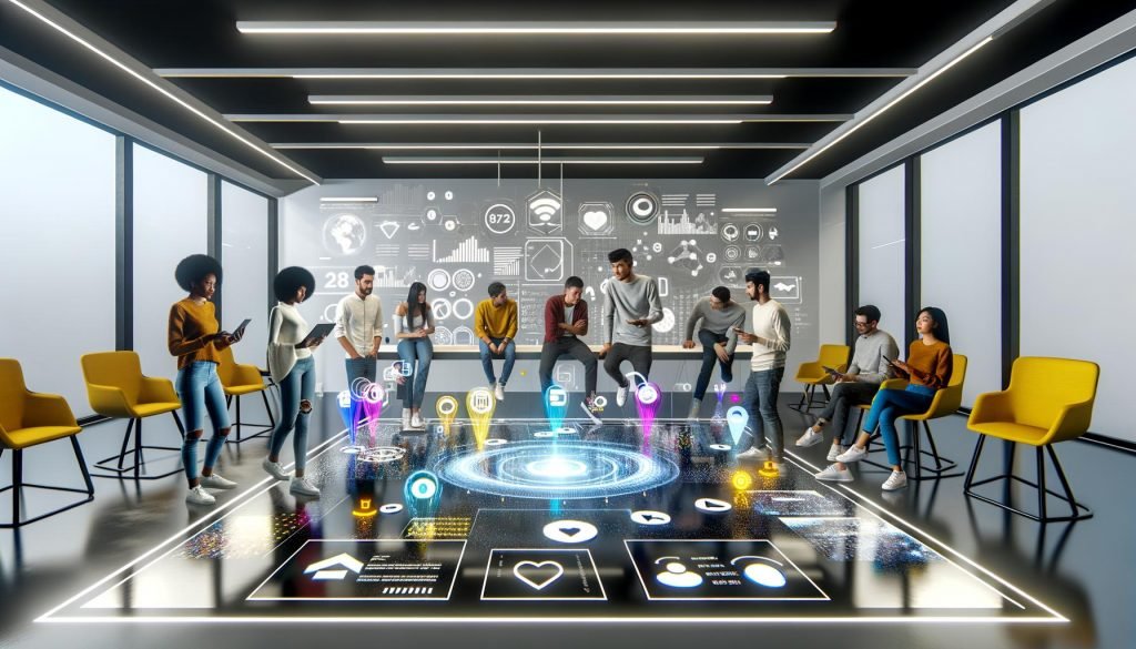 Futuristisches Produktionsstudio im Snapchat-Look: Team an einem holografischen Tisch, schwebende AR-Lenses, transparente Analytics-Screens und Governance-Hinweise.