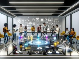 Futuristisches Produktionsstudio im Snapchat-Look: Team an einem holografischen Tisch, schwebende AR-Lenses, transparente Analytics-Screens und Governance-Hinweise.