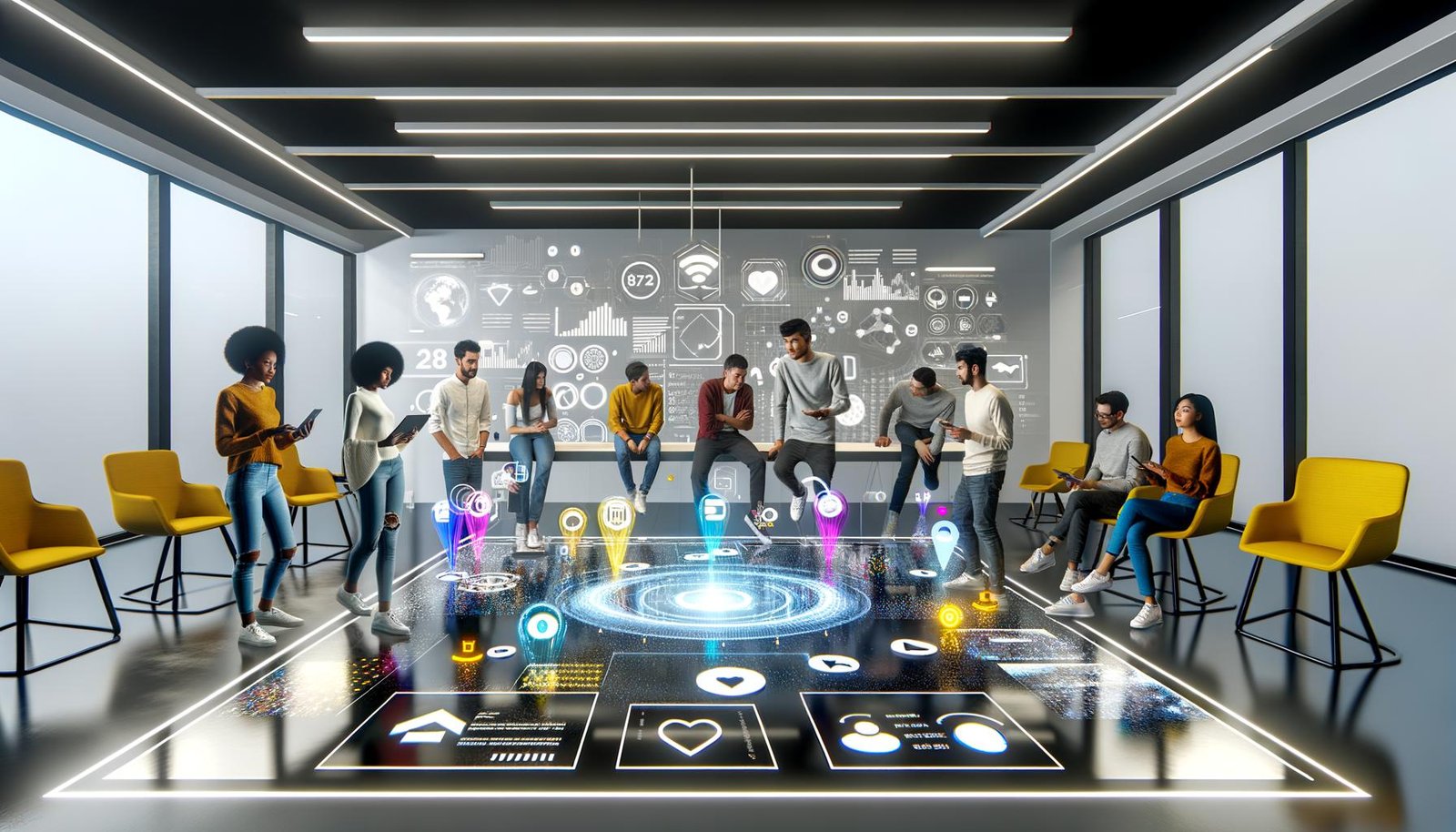 Futuristisches Produktionsstudio im Snapchat-Look: Team an einem holografischen Tisch, schwebende AR-Lenses, transparente Analytics-Screens und Governance-Hinweise.