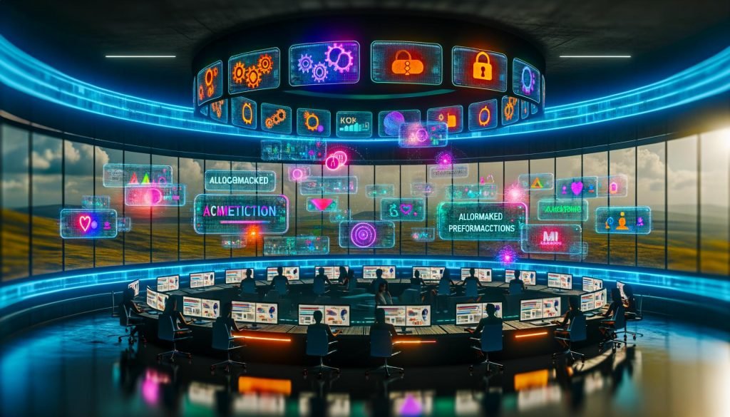 Futuristisches digitales Marketing-Command-Center mit KI-gesteuerten Dashboards und holografischen KPIs auf mehreren Ultrawide-Monitoren; diverses Team an eleganten Workstations; leuchtende Datenströme verbinden Kreativ-KI mit Marken-Assets und Compliance-Checks; algorithmische Muster verschmelzen mit Kampagnenvisuals und Social-Media-Mockups; sichtbare Markenschutz-Symbole wie Schloss-Icons, Wasserzeichen und Farbkalibrierungsbalken; moderne, effiziente Atmosphäre im Jahr 2025.