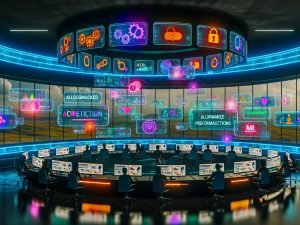 Futuristisches digitales Marketing-Command-Center mit KI-gesteuerten Dashboards und holografischen KPIs auf mehreren Ultrawide-Monitoren; diverses Team an eleganten Workstations; leuchtende Datenströme verbinden Kreativ-KI mit Marken-Assets und Compliance-Checks; algorithmische Muster verschmelzen mit Kampagnenvisuals und Social-Media-Mockups; sichtbare Markenschutz-Symbole wie Schloss-Icons, Wasserzeichen und Farbkalibrierungsbalken; moderne, effiziente Atmosphäre im Jahr 2025.