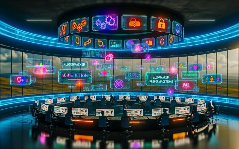 Futuristisches digitales Marketing-Command-Center mit KI-gesteuerten Dashboards und holografischen KPIs auf mehreren Ultrawide-Monitoren; diverses Team an eleganten Workstations; leuchtende Datenströme verbinden Kreativ-KI mit Marken-Assets und Compliance-Checks; algorithmische Muster verschmelzen mit Kampagnenvisuals und Social-Media-Mockups; sichtbare Markenschutz-Symbole wie Schloss-Icons, Wasserzeichen und Farbkalibrierungsbalken; moderne, effiziente Atmosphäre im Jahr 2025.