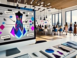 Moderner Kreativarbeitsplatz mit großem Bildschirm, der ein Fashion-Foto mit halbtransparenter Maskenauswahl und farbigen Segmentgrenzen zeigt; Toolleisten für Segmentierung, Inpainting und Matting; Team bespricht Workflow zu Consent, DSGVO und C2PA; Kleiderständer, Moodboards und Tablets im Tageslicht.