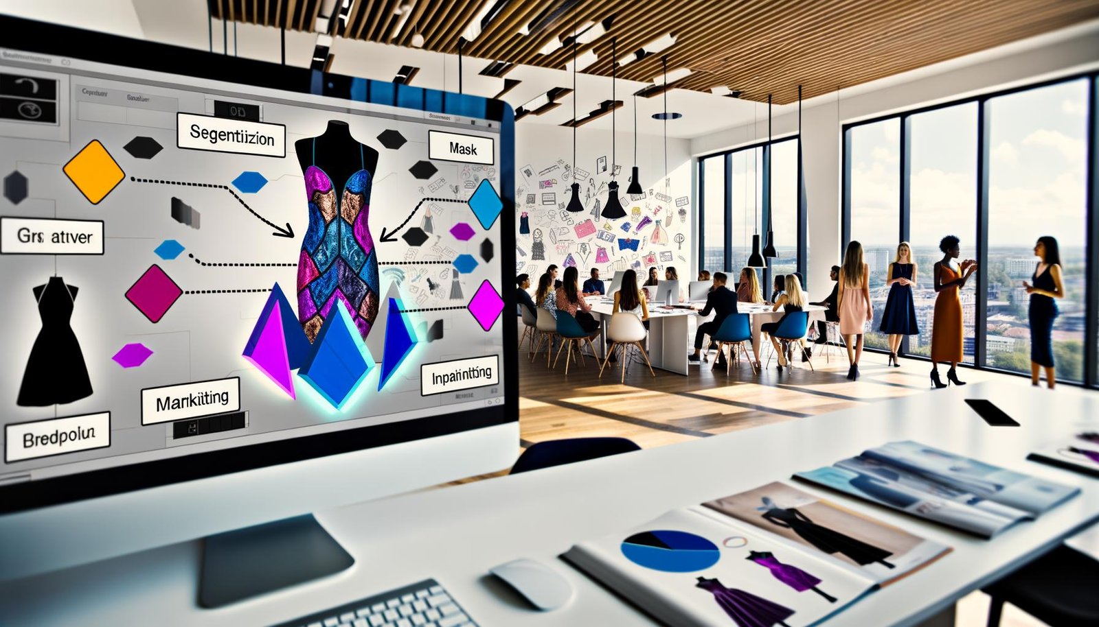 Moderner Kreativarbeitsplatz mit großem Bildschirm, der ein Fashion-Foto mit halbtransparenter Maskenauswahl und farbigen Segmentgrenzen zeigt; Toolleisten für Segmentierung, Inpainting und Matting; Team bespricht Workflow zu Consent, DSGVO und C2PA; Kleiderständer, Moodboards und Tablets im Tageslicht.