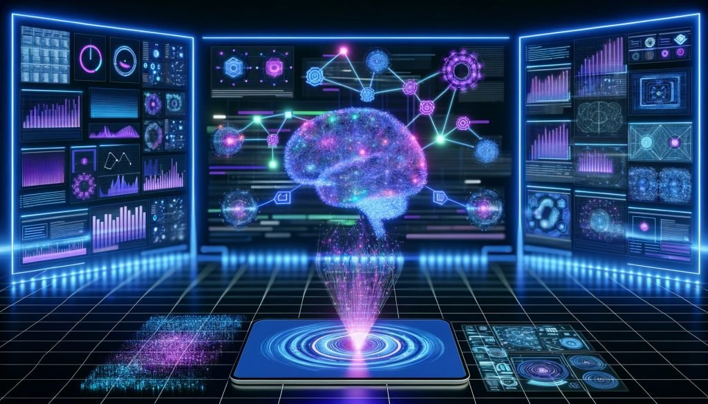 Futuristisches digitales Kontrollzentrum im blau-violetten Neonlicht: transparentes 3D-Datengehirn über einem Tablet, schwebende Screens mit semantischen Graphen, Marketing-Charts, API-Aufrufen und Codeknoten, verbunden mit CRM-, Commerce- und Content-Systemen.