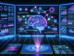 Futuristisches digitales Kontrollzentrum im blau-violetten Neonlicht: transparentes 3D-Datengehirn über einem Tablet, schwebende Screens mit semantischen Graphen, Marketing-Charts, API-Aufrufen und Codeknoten, verbunden mit CRM-, Commerce- und Content-Systemen.