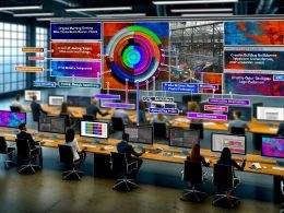 Innovativer Marketing-Arbeitsplatz mit mehreren Monitoren, die KI-Bildworkflow, Brief/Prompt-Vergleiche, CFG/Sampler-Overlays, Styleguides, C2PA, Farbkarten und Web-/Print-Assets zeigen; diverses Team bei Review und Rechtskonformität.