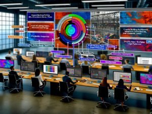 Innovativer Marketing-Arbeitsplatz mit mehreren Monitoren, die KI-Bildworkflow, Brief/Prompt-Vergleiche, CFG/Sampler-Overlays, Styleguides, C2PA, Farbkarten und Web-/Print-Assets zeigen; diverses Team bei Review und Rechtskonformität.