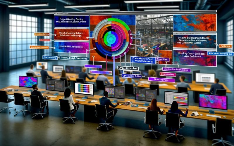 Innovativer Marketing-Arbeitsplatz mit mehreren Monitoren, die KI-Bildworkflow, Brief/Prompt-Vergleiche, CFG/Sampler-Overlays, Styleguides, C2PA, Farbkarten und Web-/Print-Assets zeigen; diverses Team bei Review und Rechtskonformität.