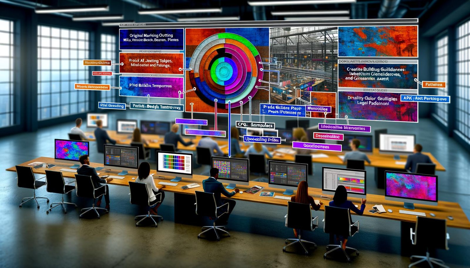 Innovativer Marketing-Arbeitsplatz mit mehreren Monitoren, die KI-Bildworkflow, Brief/Prompt-Vergleiche, CFG/Sampler-Overlays, Styleguides, C2PA, Farbkarten und Web-/Print-Assets zeigen; diverses Team bei Review und Rechtskonformität.