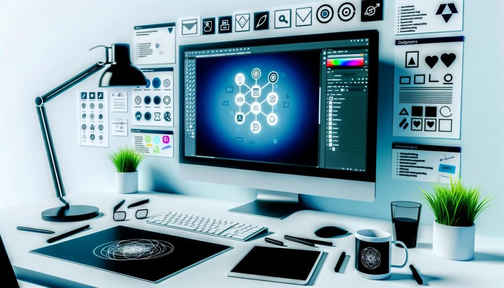 Heller, sauberer Designer-Arbeitsplatz mit großem Monitor, der in Figma ein minimalistisches Iconset im 24×24‑Pixelraster mit einheitlichen 2‑px‑Konturen zeigt; daneben Notizen zu SVG-Optimierung, Accessibility und Workflow; Kaffeetasse mit neuronalen Netzgrafik und Tablet mit Code; hoher Schwarz‑Weiß‑Kontrast mit Blau‑/Grünakzenten.