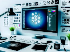 Heller, sauberer Designer-Arbeitsplatz mit großem Monitor, der in Figma ein minimalistisches Iconset im 24×24‑Pixelraster mit einheitlichen 2‑px‑Konturen zeigt; daneben Notizen zu SVG-Optimierung, Accessibility und Workflow; Kaffeetasse mit neuronalen Netzgrafik und Tablet mit Code; hoher Schwarz‑Weiß‑Kontrast mit Blau‑/Grünakzenten.