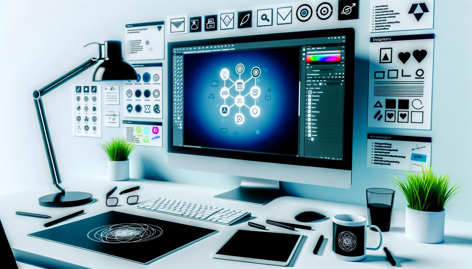 Heller, sauberer Designer-Arbeitsplatz mit großem Monitor, der in Figma ein minimalistisches Iconset im 24×24‑Pixelraster mit einheitlichen 2‑px‑Konturen zeigt; daneben Notizen zu SVG-Optimierung, Accessibility und Workflow; Kaffeetasse mit neuronalen Netzgrafik und Tablet mit Code; hoher Schwarz‑Weiß‑Kontrast mit Blau‑/Grünakzenten.