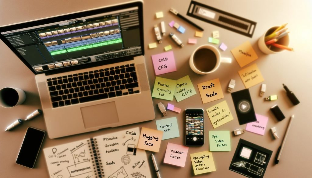 Flat-Lay eines kreativen DIY-Arbeitsplatzes: Laptop mit Videoschnitt-Timeline, Notizblöcke mit Prompts und Shotlists, Smartphone mit KI-Video-Apps, Sticky Notes zu Colab, Hugging Face, ControlNet, AnimateDiff und Stable Video Diffusion; Parameter-Overlays wie CFG, Seed, FPS und Upscaling.
