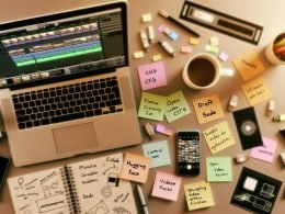 Flat-Lay eines kreativen DIY-Arbeitsplatzes: Laptop mit Videoschnitt-Timeline, Notizblöcke mit Prompts und Shotlists, Smartphone mit KI-Video-Apps, Sticky Notes zu Colab, Hugging Face, ControlNet, AnimateDiff und Stable Video Diffusion; Parameter-Overlays wie CFG, Seed, FPS und Upscaling.
