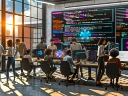 Helles, modernes Studio mit großen Fenstern: Diverse junge Kreative arbeiten an Monitoren und Laptops mit KI‑Tools (Stable Diffusion, Adobe Firefly, Playground AI). Benutzeroberflächen zeigen Prompts und Regler für CFG Scale, Sampler und Steps; Whiteboard mit Workflow.