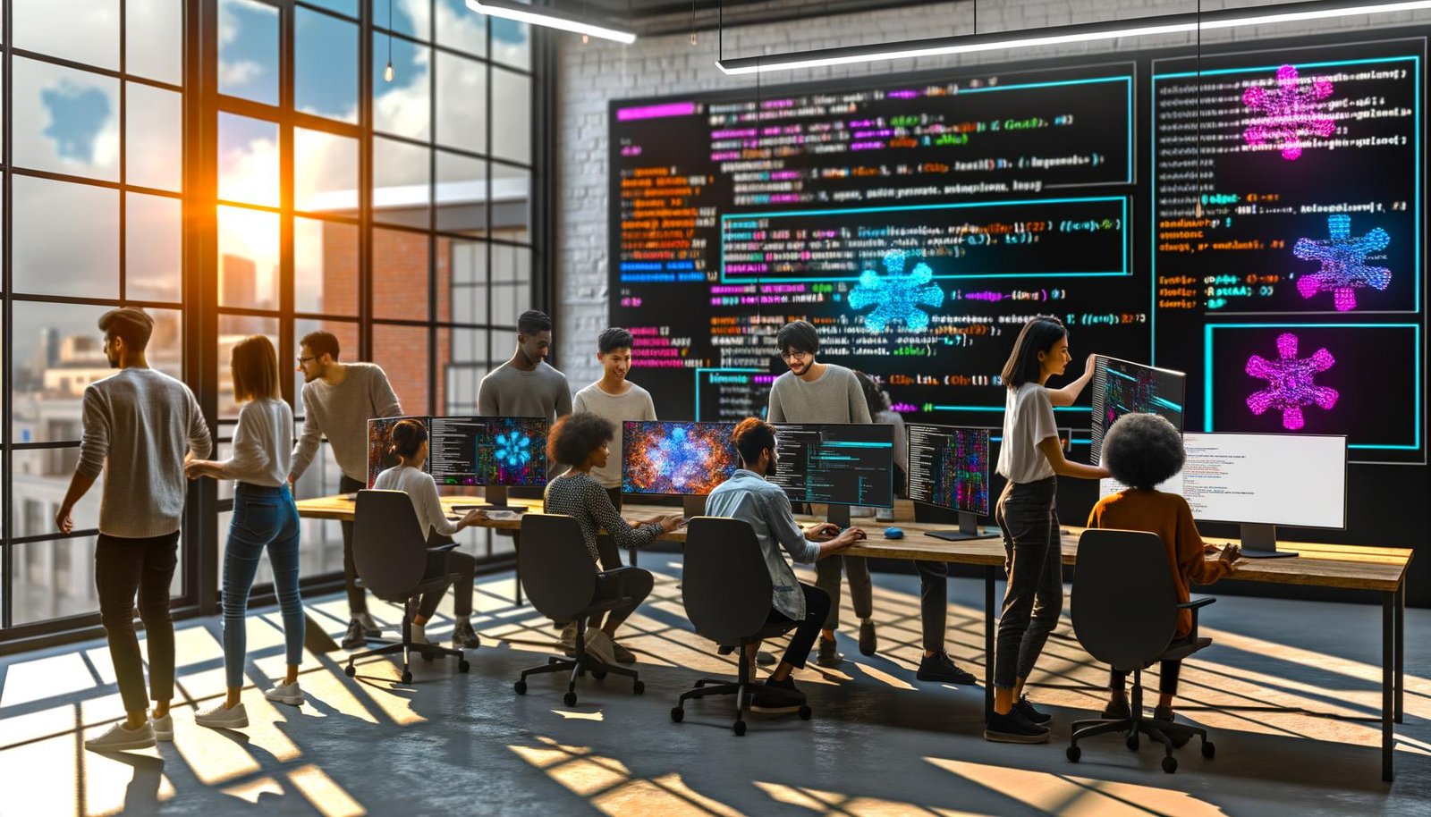 Helles, modernes Studio mit großen Fenstern: Diverse junge Kreative arbeiten an Monitoren und Laptops mit KI‑Tools (Stable Diffusion, Adobe Firefly, Playground AI). Benutzeroberflächen zeigen Prompts und Regler für CFG Scale, Sampler und Steps; Whiteboard mit Workflow.