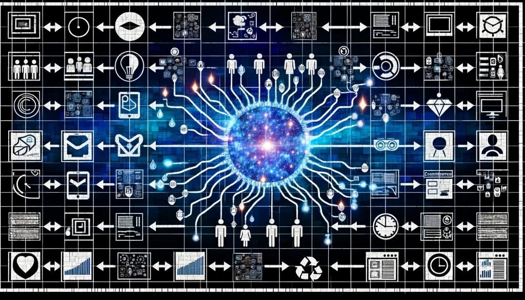 Digitalcollage: Neuronales Netz verknüpft CDP, Feature Store, CRM und Commerce mit Charts, Content, Social Media und Ads; Blau/Neon, Compliance-Symbole.