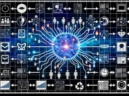 Digitalcollage: Neuronales Netz verknüpft CDP, Feature Store, CRM und Commerce mit Charts, Content, Social Media und Ads; Blau/Neon, Compliance-Symbole.