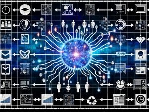 Digitalcollage: Neuronales Netz verknüpft CDP, Feature Store, CRM und Commerce mit Charts, Content, Social Media und Ads; Blau/Neon, Compliance-Symbole.