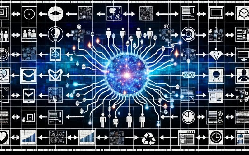 Digitalcollage: Neuronales Netz verknüpft CDP, Feature Store, CRM und Commerce mit Charts, Content, Social Media und Ads; Blau/Neon, Compliance-Symbole.