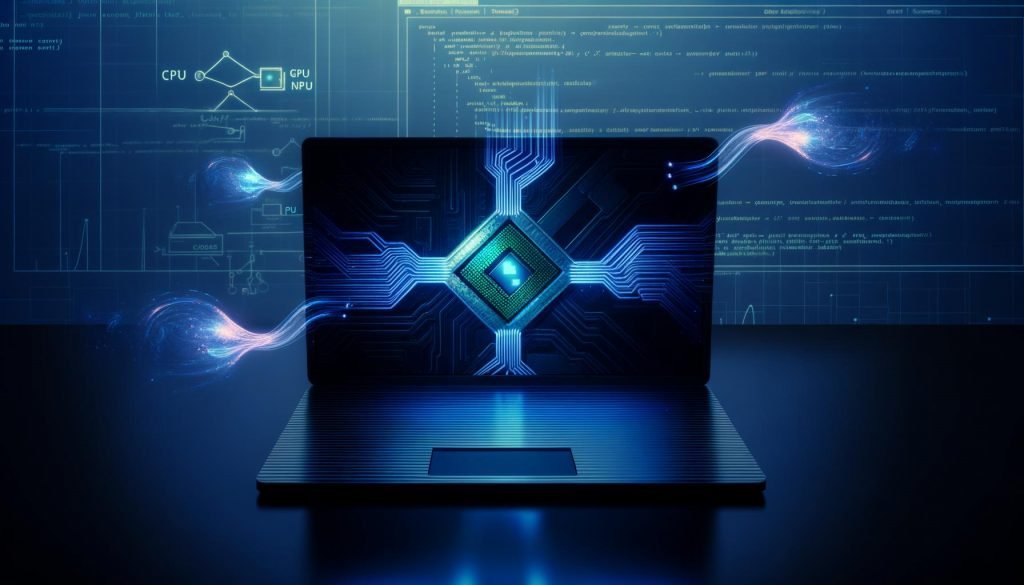 Teilgeöffneter Laptop mit blauem Glühen; Display zeigt vernetzte Mikroarchitektur: CPU (Zen 5), GPU (RDNA), NPU (XDNA), umgeben von KI‑, Code‑ und Effizienz‑Icons.
