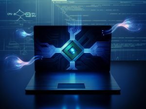 Teilgeöffneter Laptop mit blauem Glühen; Display zeigt vernetzte Mikroarchitektur: CPU (Zen 5), GPU (RDNA), NPU (XDNA), umgeben von KI‑, Code‑ und Effizienz‑Icons.