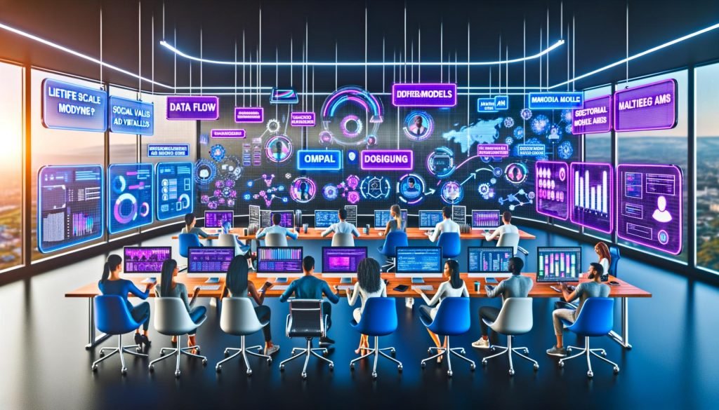 Futuristisches Büro: Menschen und robotische Arme erstellen markenkonsistente Ads, SEO, E-Mails und Produktbilder; transparente Screens mit JSON-Briefs, Datenströmen, CTR/ROI und vernetzten LLMs/Diffusionsmodellen.