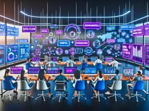 Futuristisches Büro: Menschen und robotische Arme erstellen markenkonsistente Ads, SEO, E-Mails und Produktbilder; transparente Screens mit JSON-Briefs, Datenströmen, CTR/ROI und vernetzten LLMs/Diffusionsmodellen.