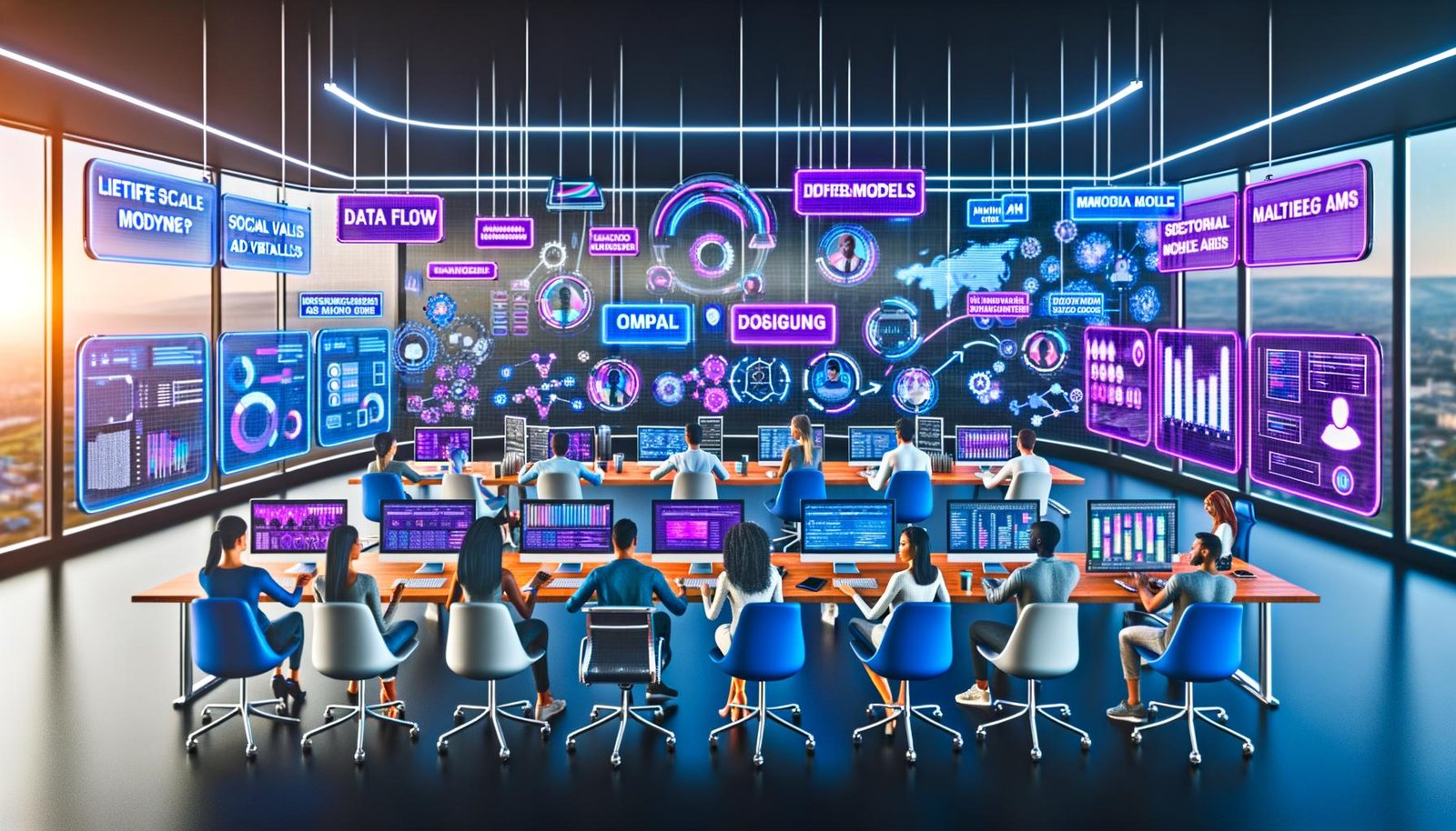 Futuristisches Büro: Menschen und robotische Arme erstellen markenkonsistente Ads, SEO, E-Mails und Produktbilder; transparente Screens mit JSON-Briefs, Datenströmen, CTR/ROI und vernetzten LLMs/Diffusionsmodellen.