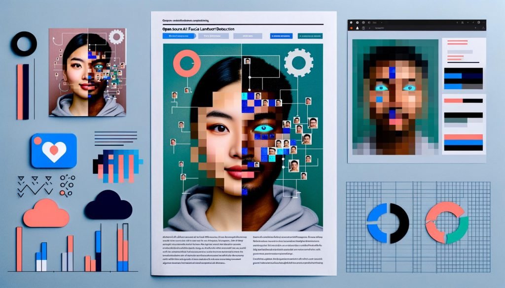 Minimalistische Magazin-Collage zu AI Face Swap: zwei diverse Gesichter morphen mit pixeligen Übergängen; geometrische Landmark‑Linien und Datenpunkte; links Laptop mit Open‑Source‑Interfaces (FaceSwap, DeepFaceLab, SimSwap, Roop); rechts Cloud‑Symbol und Google‑Colab‑Logo; im Hintergrund Metriken (ID‑Similarity, FID) und DSGVO‑Icon; kühle Blau‑/Türkis‑Töne; Headline AI Face Swap Free – Kreative Gesichter tauschen leicht gemacht.